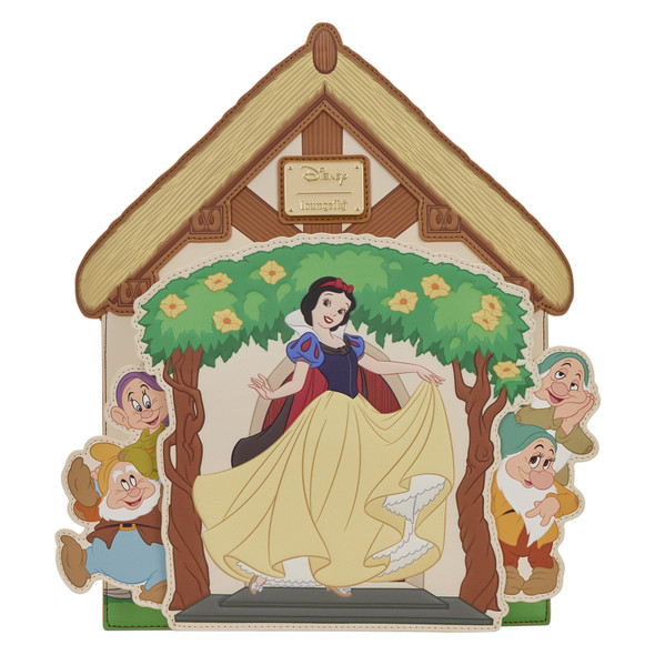 Loungefly Disney Snow White Cottage Mini Backpack featuring Snow White outside the dwarfs' cottage with dimensional and movable Seven Dwarfs details.