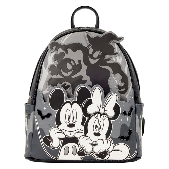 Mickey and Minnie encounter spooky ghosts on this black-and-white Loungefly Disney Halloween mini backpack with light-up and glow-in-the-dark details.