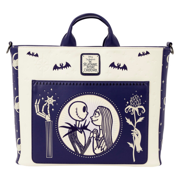 Jack Skellington and Sally share a spooky night-sky scene on this Loungefly Disney convertible backpack and tote bag.