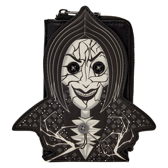 The Other Mother's sinister spider form and signature button eyes appear on this glow-in-the-dark Loungefly Coraline card holder.