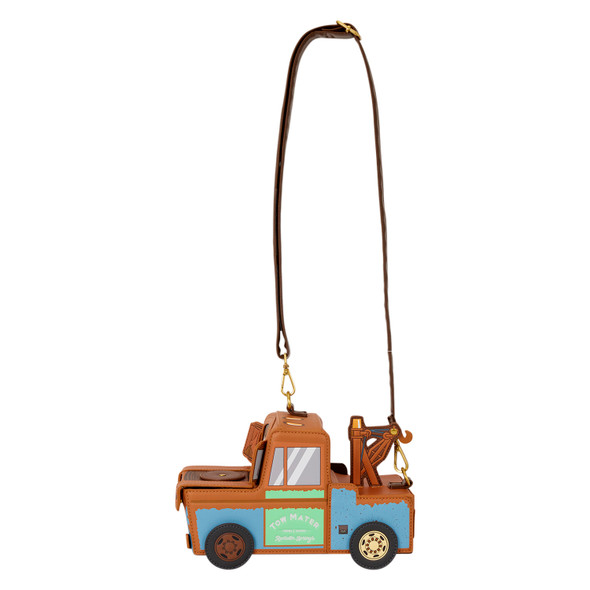 Loungefly Disney Pixar Cars crossbody bag shaped like Mater with brown and blue weathered bodywork, tow rig, wheels, windshield eyes and buck-toothed smile.
