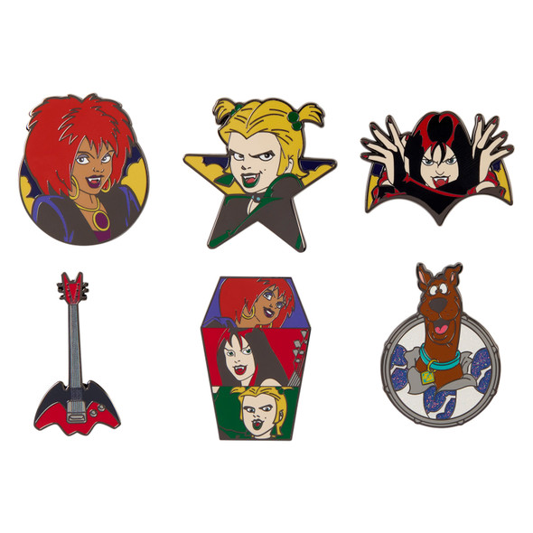 Six Loungefly Scooby-Doo Hex Girls mystery enamel pin designs featuring Thorn, Dusk, Luna, a guitar, coffin-shaped group pin and glitter Scooby-Doo chase.