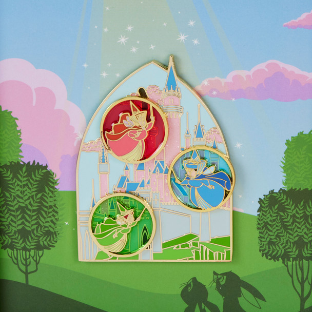 Sleeping Beauty Castle Three Good Fairies Stained Glass 3" Collector Box Sliding Pin