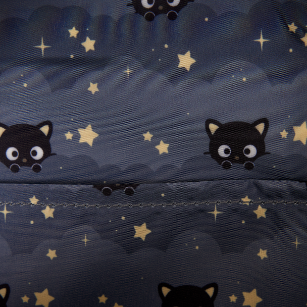 Black Chococat-inspired Sanrio mini backpack featuring metallic gold stars and kawaii cat character artwork