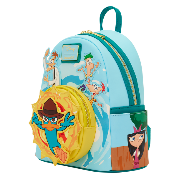Phineas and Ferb faux leather mini backpack with Perry the Platypus applique pocket and interactive light-up details