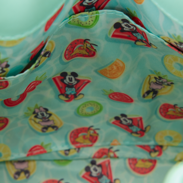 Mickey Mouse summer-inspired Disney bucket bag featuring colorful fruit icons and rope drawstring closure