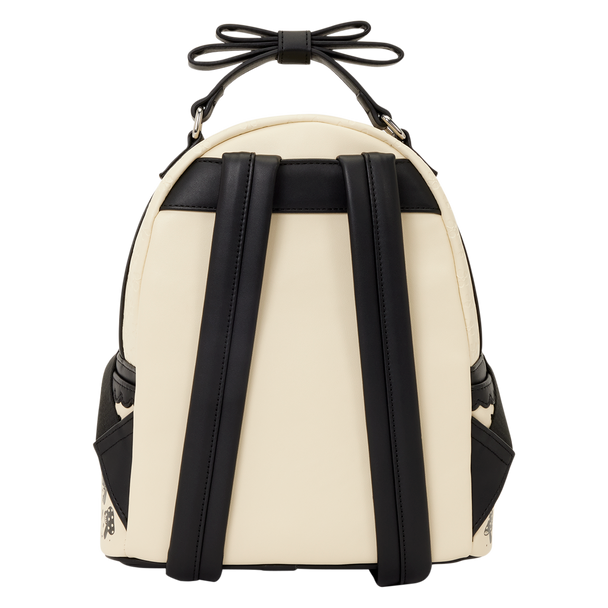 Alice in Wonderland embroidered Disney mini backpack featuring floral artwork and elegant cream and black color palette