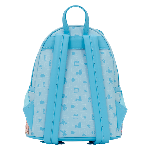 Toy Story faux leather mini backpack with colorful Pixar character artwork and frog-inspired front pocket