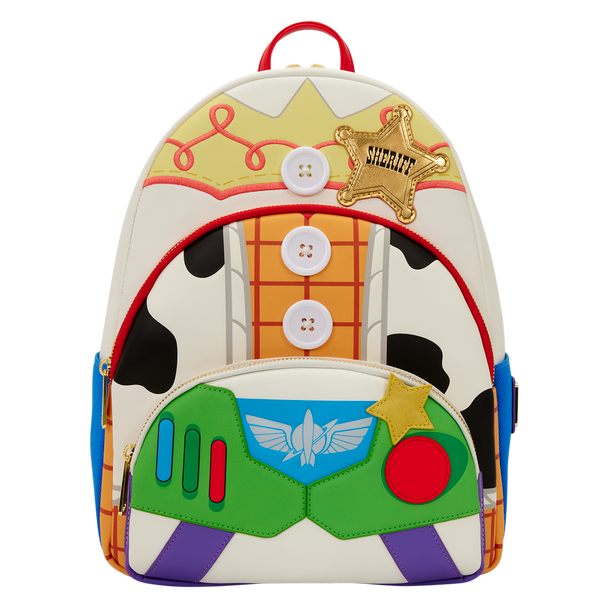 Disney Pixar Toy Story 5 Triple Pocket Mini Backpack featuring Woody Jessie and Buzz Lightyear cosplay-inspired design