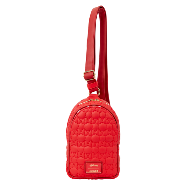 Loungefly Disney Minnie Mouse Silhouette Sling Crossbody Bag with quilted red design