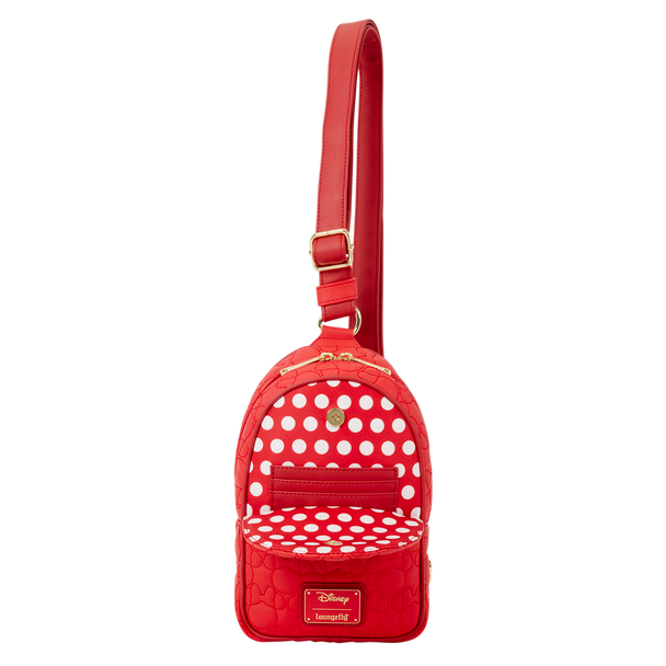 Official Loungefly Disney Minnie Mouse Silhouette Sling Crossbody Bag featuring an all-over quilted Minnie pattern