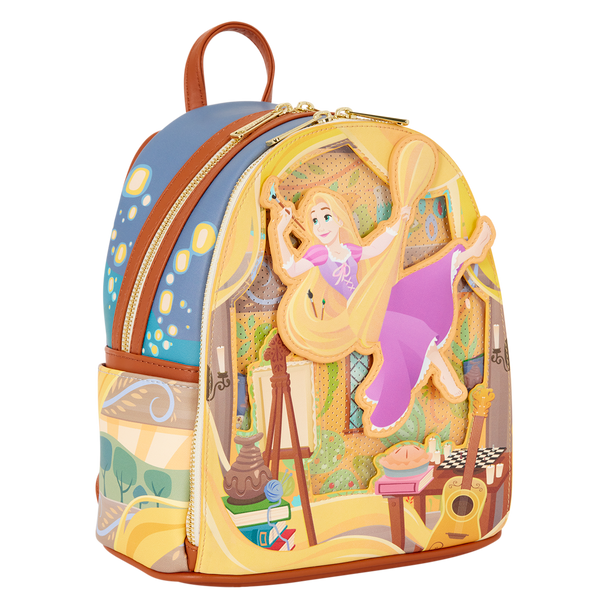 Loungefly Disney Tangled Rapunzel Painting Mini Backpack featuring moving Rapunzel applique