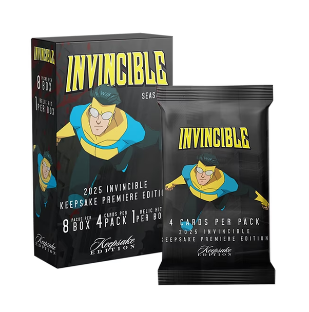 2025 Keepsake Invincible Season 1 Premiere Edition Blaster Box featuring 8 packs and a relic hit per box.