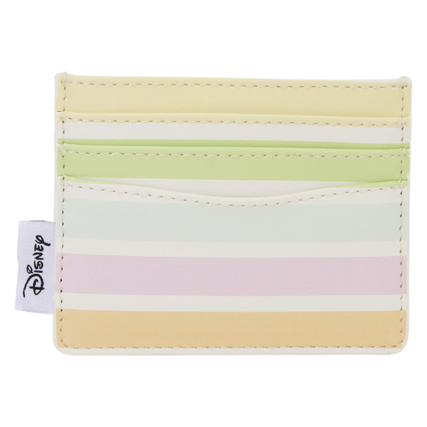 Loungefly Mickey & Friends Rainbow Stripes Card Holder featuring six classic Disney characters in a pastel design.
