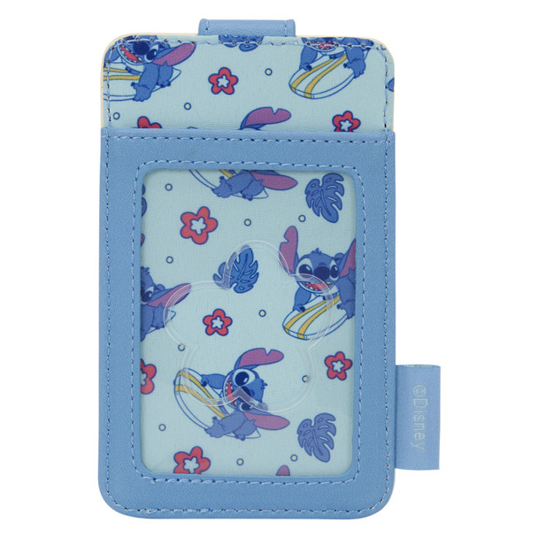 Loungefly Disney Stitch Minimal Summer card holder featuring Stitch riding a striped surfboard on a light blue background