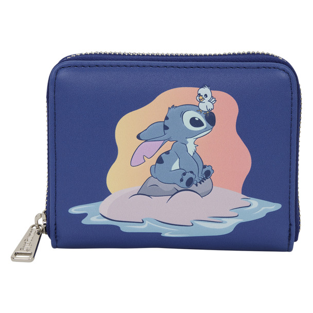 Loungefly Lilo & Stitch Animal Friends wallet featuring Stitch and his tiny bird friend against a colorful sunset.
