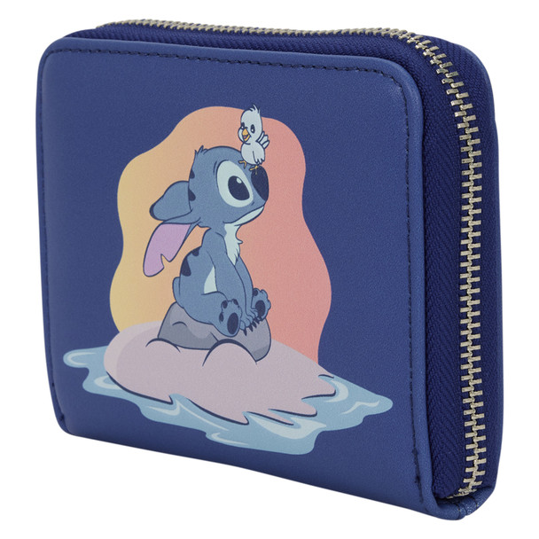 Loungefly Disney Lilo & Stitch Animal Friends blue zip-around wallet featuring Stitch sitting on a rock with a bird on his head