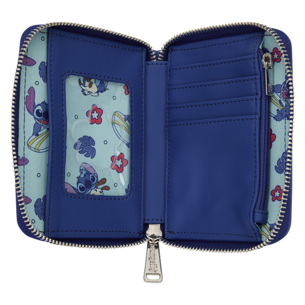 Loungefly Disney Lilo & Stitch Animal Friends blue zip-around wallet featuring Stitch sitting on a rock with a bird on his head