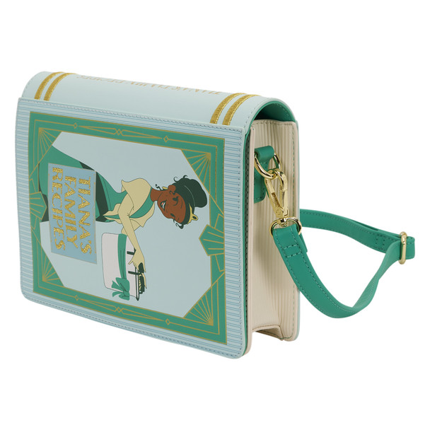 Loungefly Disney Princess Tiana Recipe Book Crossbody Bag featuring Tiana and Tiana's Family Recipes gold lettering