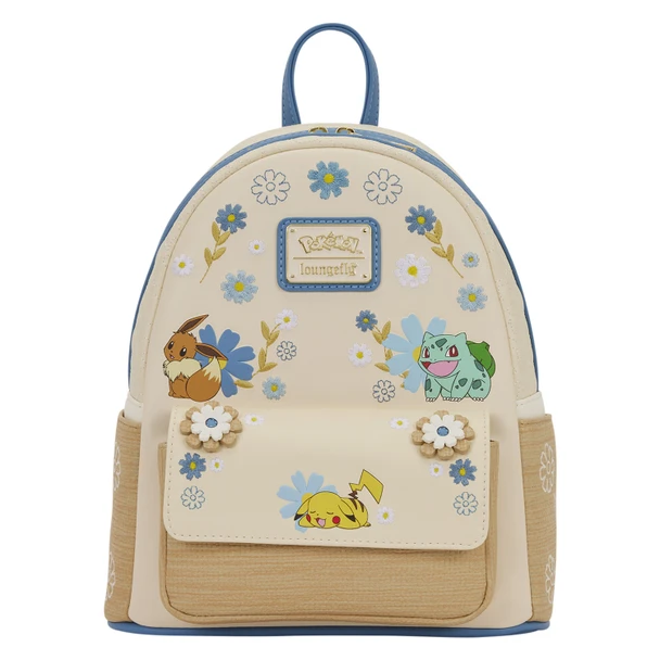 Loungefly Pokémon Floral Mini Backpack featuring Pikachu, Eevee and Bulbasaur surrounded by embroidered flowers and textured details.