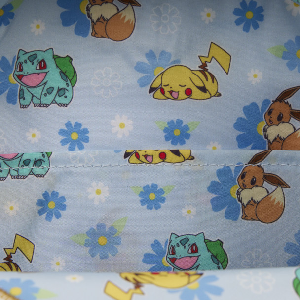Loungefly Pokémon Floral Mini Backpack featuring Pikachu, Eevee and Bulbasaur with embroidered blue and white flowers