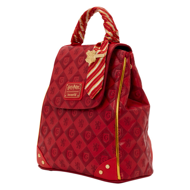 Loungefly Harry Potter Gryffindor Mini Backpack in red with Gryffindor lion pattern, striped house tie and gold Hogwarts crest charm