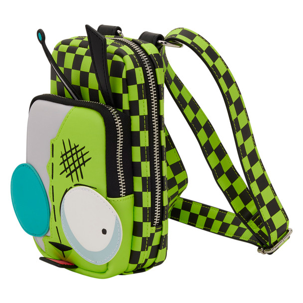 Loungefly Invader Zim GIR cell phone crossbody bag with green checkerboard design, robot and dog disguise face, and detachable purple pig coin bag