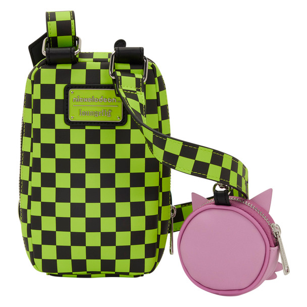 Loungefly Invader Zim GIR cell phone crossbody bag with green checkerboard design, robot and dog disguise face, and detachable purple pig coin bag