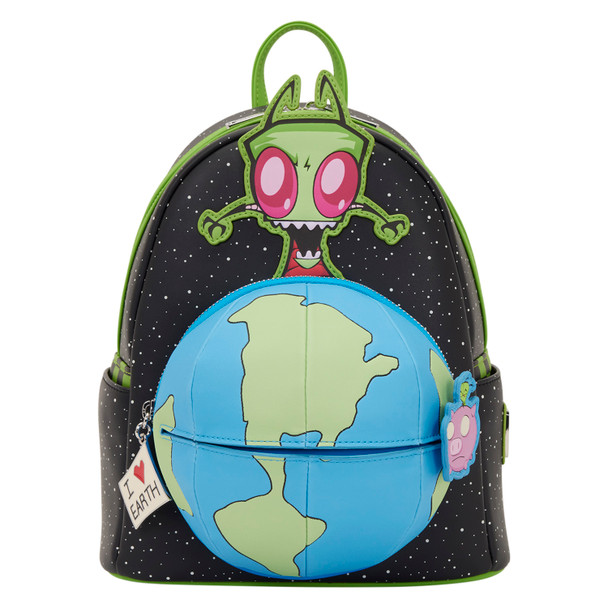 Loungefly Invader Zim Glow Mini Backpack featuring Zim, a dimensional Earth pocket, moving GIR and Pig, and glow-in-the-dark details.