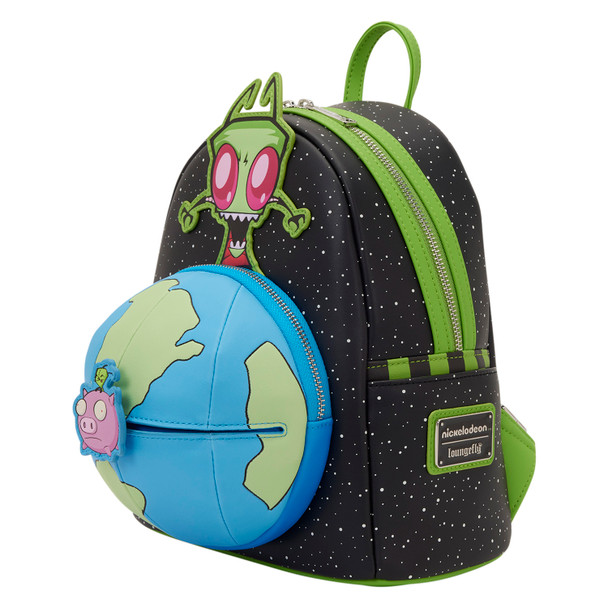 Loungefly Invader Zim glow-in-the-dark mini backpack featuring Zim above Earth with moving GIR and pig details on a black starry background