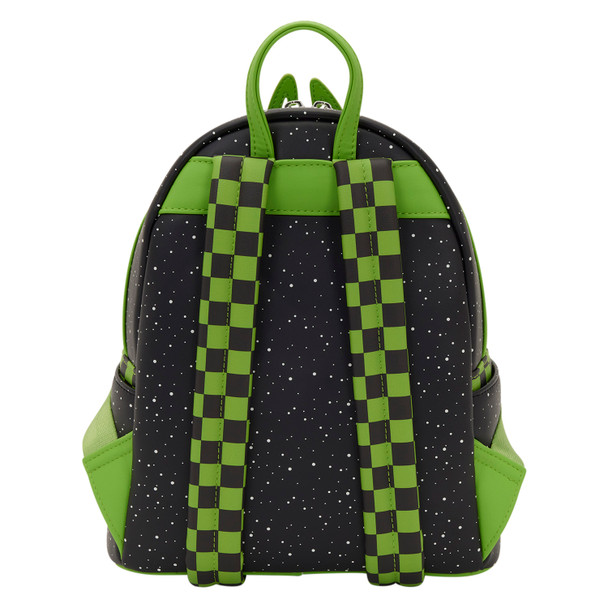 Loungefly Invader Zim glow-in-the-dark mini backpack featuring Zim above Earth with moving GIR and pig details on a black starry background