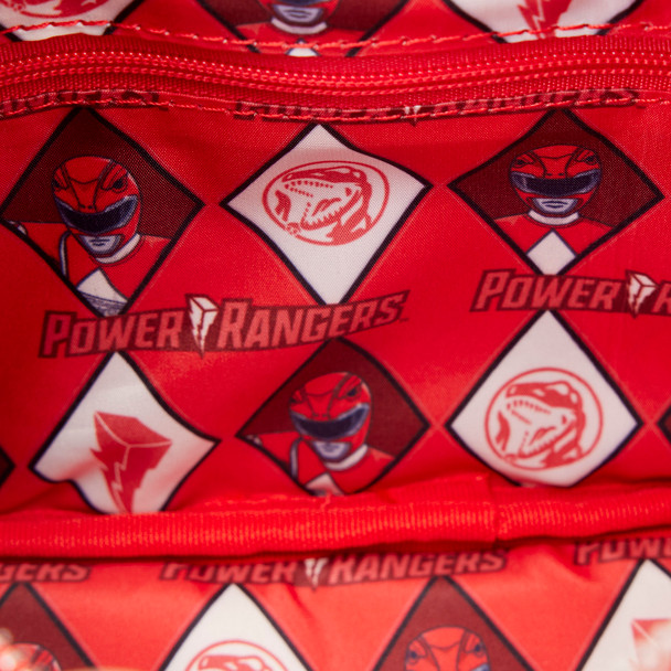 Loungefly Power Rangers Red Ranger sling crossbody bag with metallic Power Morpher design, gold dinosaur coin and detachable Red Ranger helmet coin bag