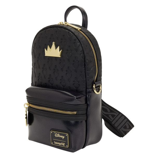 Black Loungefly Disney Snow White Evil Queen sling bag with embossed heart and dagger pattern, gold crown emblem and gold-tone hardware