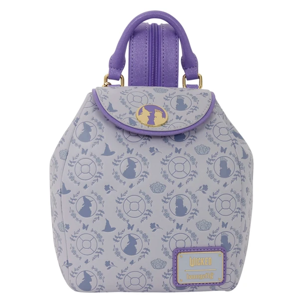 Loungefly Universal Wicked Micro Mini Backpack featuring Elphaba and Glinda silhouettes with lavender, purple and gold-tone details.