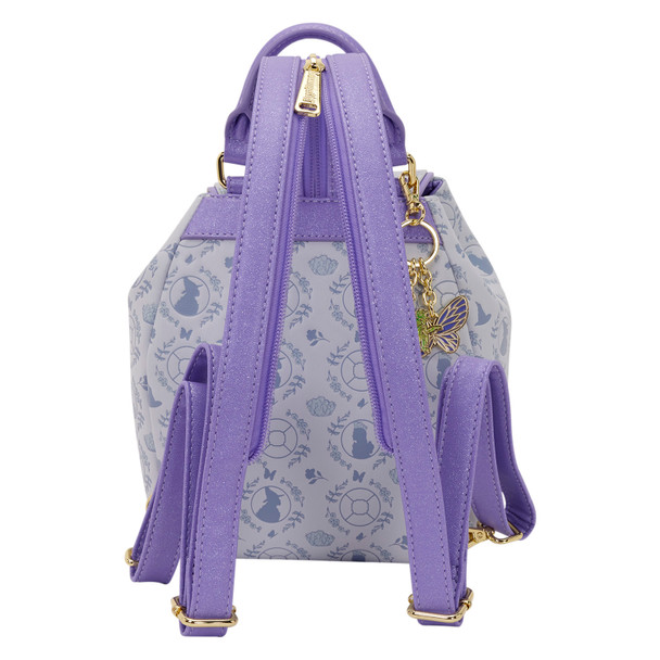 Loungefly Wicked micro mini backpack with lavender Elphaba and Glinda silhouette print, purple trim and gold-tone medallion