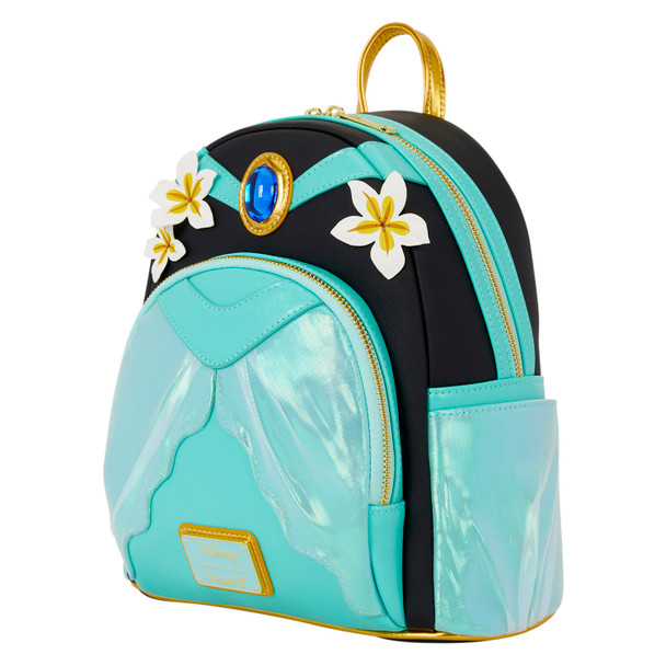 Loungefly Disney Princess Jasmine cosplay mini backpack in turquoise and black with gold trim, blue gem, white flowers and iridescent fabric details.