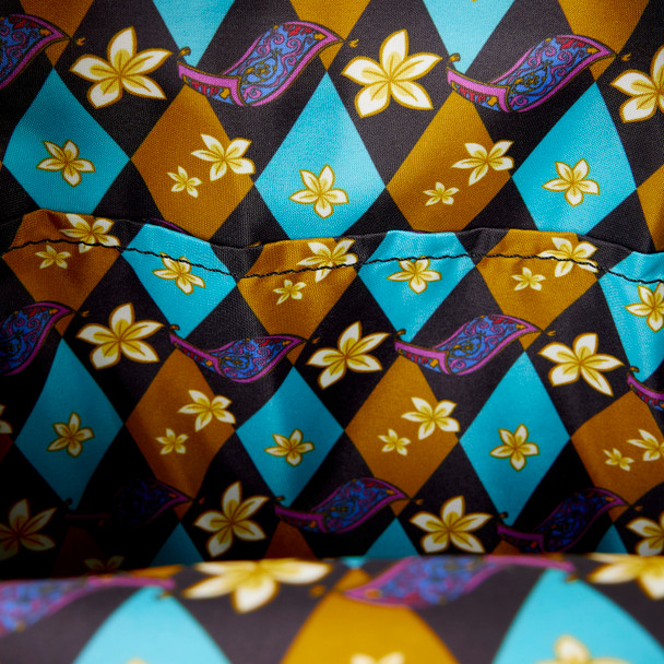Princess Jasmine-inspired Loungefly mini backpack featuring shimmering turquoise fabric, floral appliqués and gold accents.