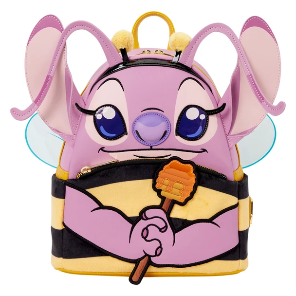 Angel dresses as a bumblebee on this Loungefly Disney Lilo & Stitch cosplay mini backpack with dimensional ears, wings and plush details.