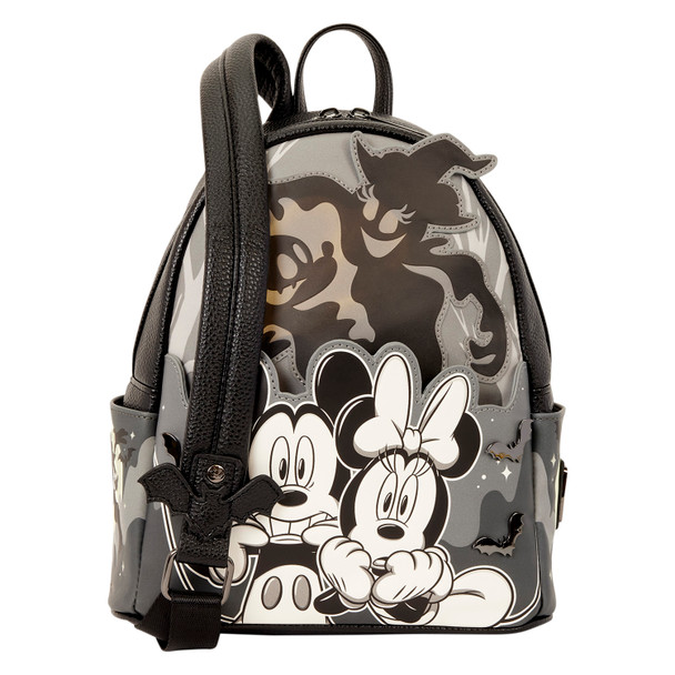 Loungefly Disney Mickey and Minnie Mouse Halloween mini backpack in black, white and gray featuring Mickey, Minnie, ghosts and flying bats.