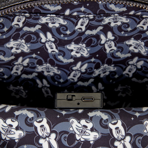Loungefly Disney Mickey and Minnie Mouse Halloween mini backpack in black, white and gray featuring Mickey, Minnie, ghosts and flying bats.