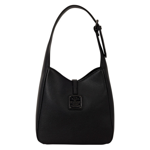 Black Loungefly Disney The Nightmare Before Christmas Jack Skellington crossbody bag with adjustable shoulder strap and black logo plaque.