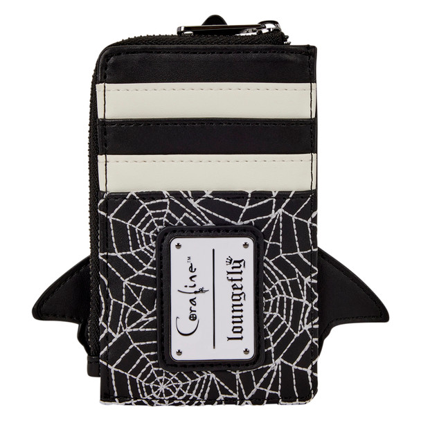 Black Loungefly Coraline card holder shaped like the Other Mother in spider form with a white face, black button eyes and elongated arms.