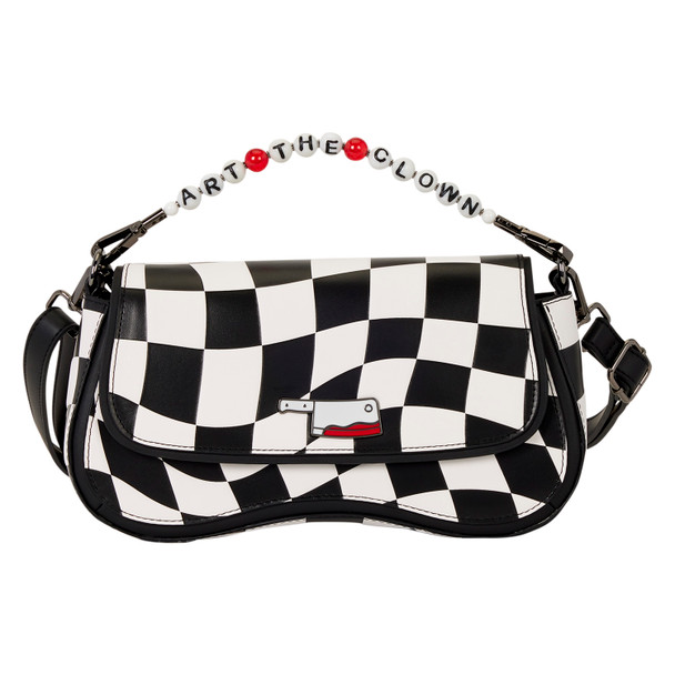 Loungefly Terrifier Art the Clown crossbody bag with black-and-white checkerboard pattern, cleaver accent, letter beads, yellow flower charms and top hat charm.