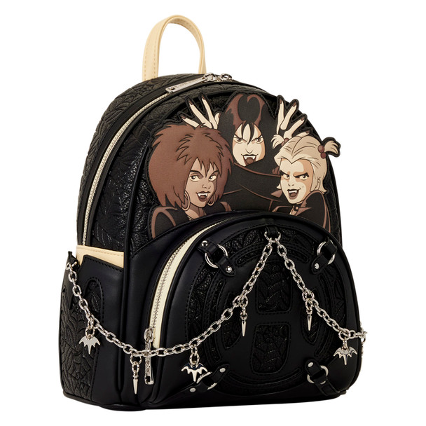 Black Loungefly Scooby-Doo Hex Girls mini backpack featuring Thorn, Dusk and Luna with spiderweb textures, silver-tone chains and gothic charms.