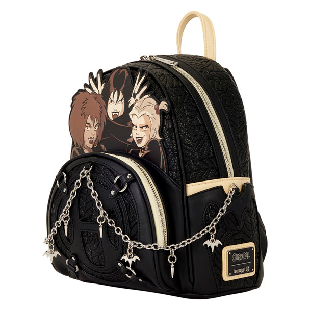 Black Loungefly Scooby-Doo Hex Girls mini backpack featuring Thorn, Dusk and Luna with spiderweb textures, silver-tone chains and gothic charms.