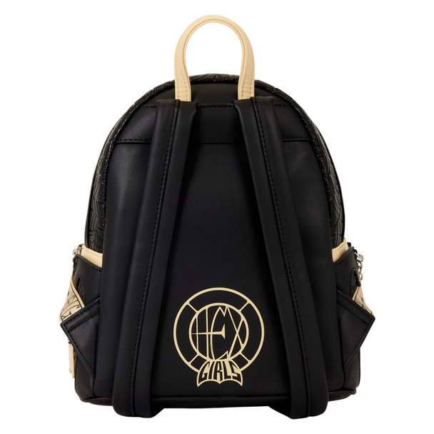 Black Loungefly Scooby-Doo Hex Girls mini backpack featuring Thorn, Dusk and Luna with spiderweb textures, silver-tone chains and gothic charms.