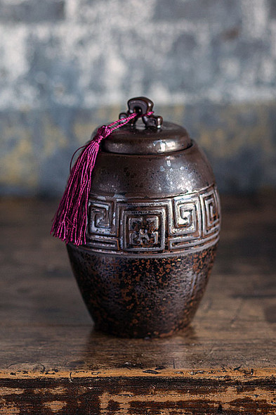 Dark Brown Ceramic Tea Storage Canister with Maroon Tassel