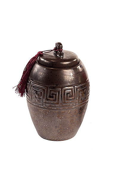 Dark Brown Ceramic Tea Storage Canister with Maroon Tassel