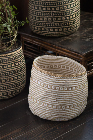 Handwoven Cylinder Basket in White & Natural Seagrass