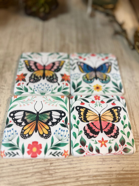 RESIN COASTERS WITH BUTTERFLY PRINT-SET OF 4